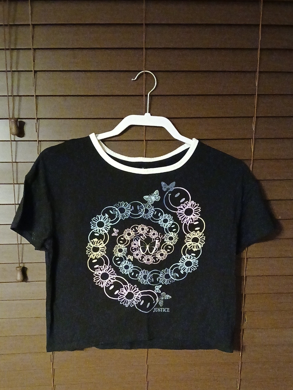 Justice Black Cropped Tee with Pastel Rainbow Floral Spiral Graphic